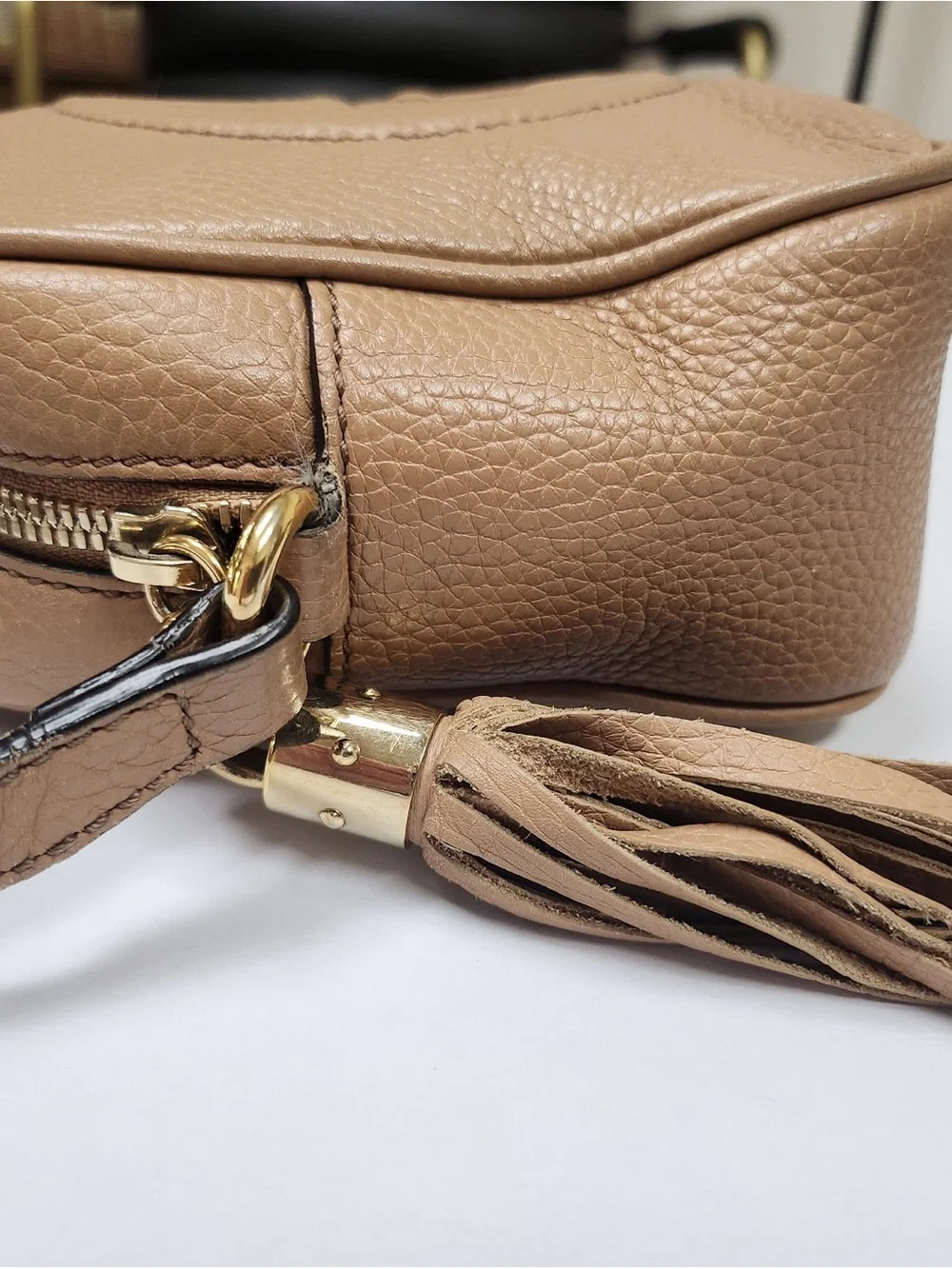 Gucci Tan Pebbled Leather Crossbody with Tassel